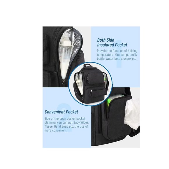 Mancro Diaper Bag Backpack with stroller straps and insulated pockets, black - Picture 4 of 7